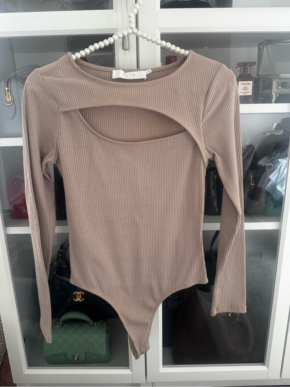 Astr Taupe Ribbed Cutout Long Sleeve Bodysuit